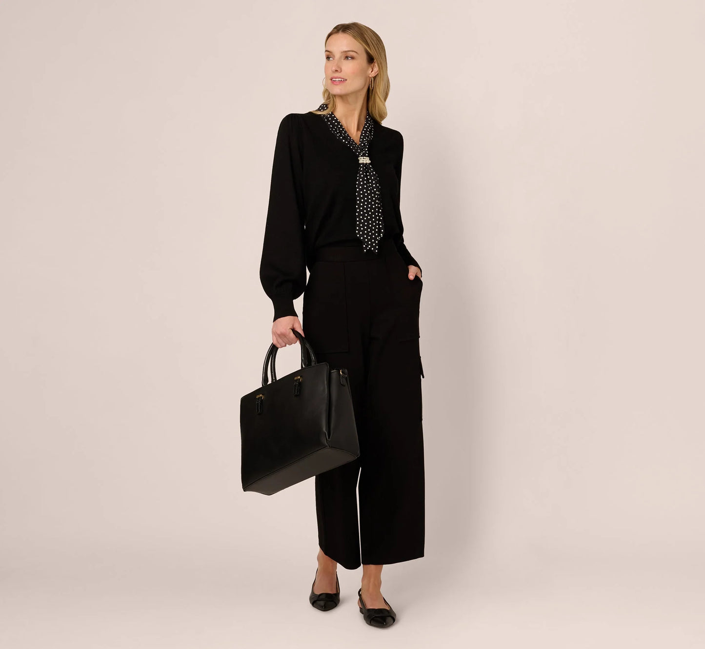 Long Sleeve Satin Neck Tie Sweater In Black W  Black Cream Dot