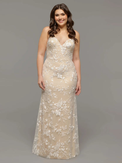 V NECK TULLE FIT AND FLARE WEDDING DRESS WITH LACE