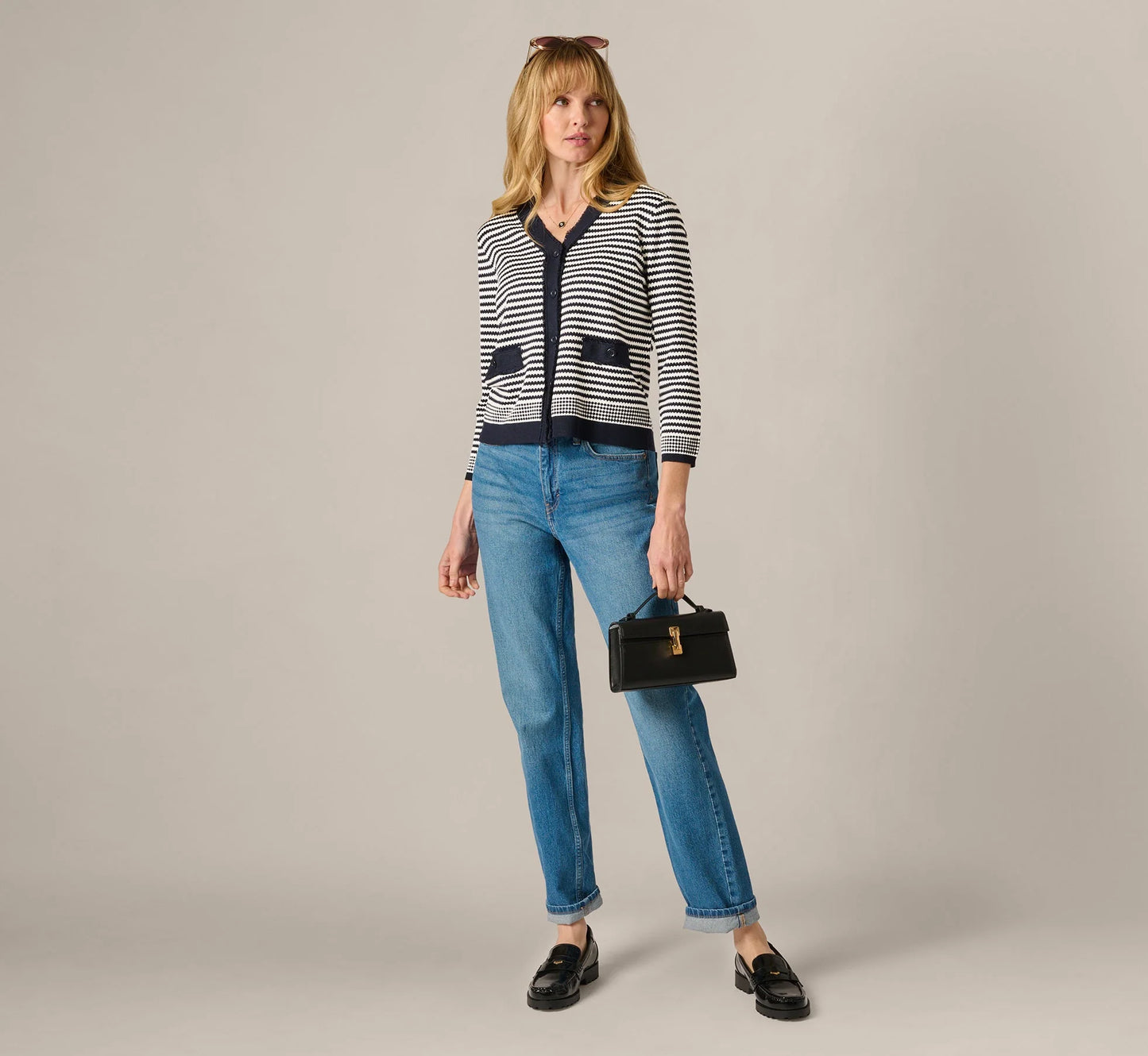 Fringe Trim Cardigan Sweater In Navy Ivory