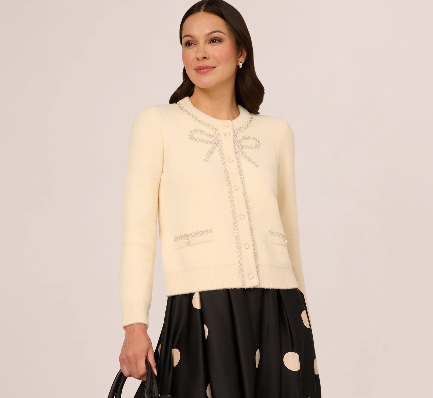 Pearly Bow Cardigan Sweater In Cream