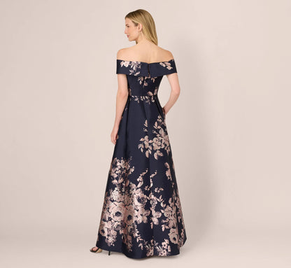Off Shoulder Metallic Floral Jacquard Gown In Navy Blush