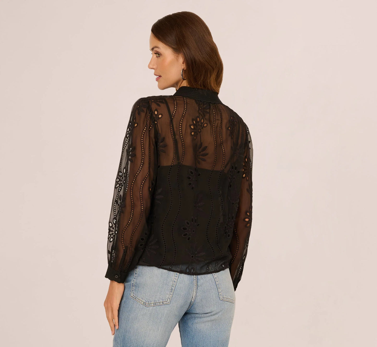 Long Sleeve Sheer Floral Eyelet Lace Blouse In Black