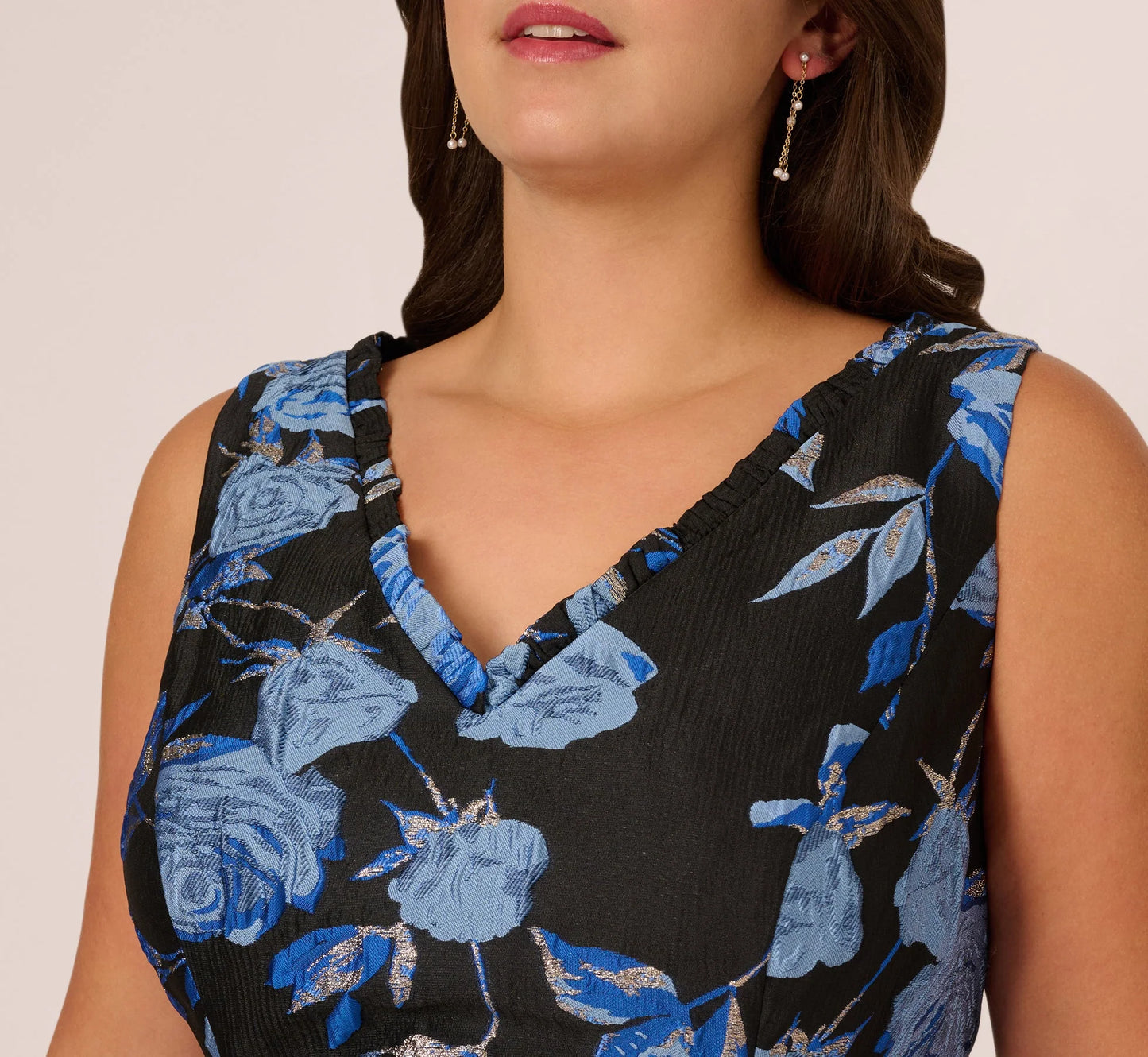 Plus Size Floral Jacquard Short Fit And Flare Dress In Blue Black Multi