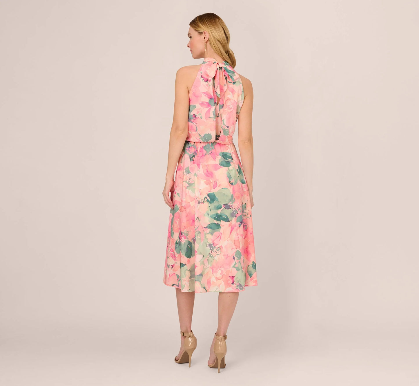 Floral Print Chiffon Halter Dress With Mock Neck In Blush Multi