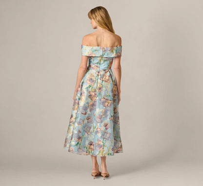 Off Shoulder Watercolor Floral Jacquard Ankle Dress In Blue Multi