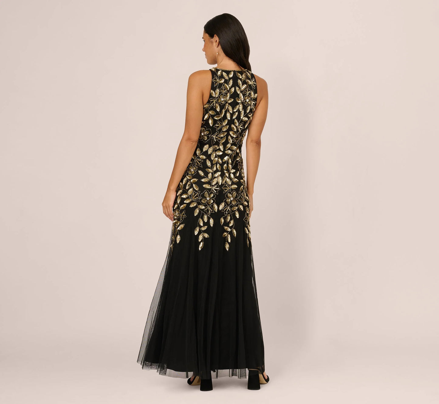 Sleeveless Floral Beaded Godet Gown In Black Gold