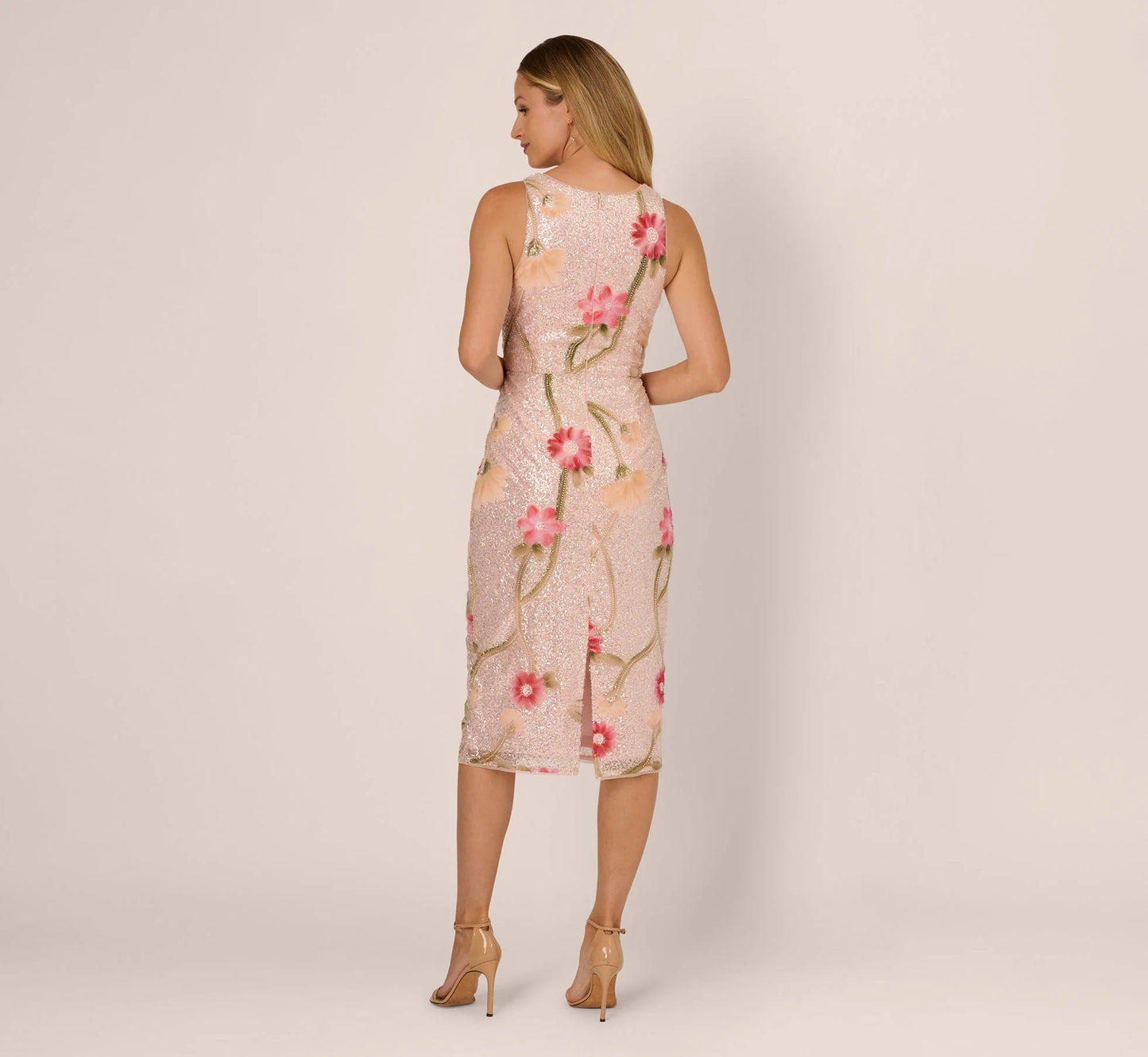 Sequin Floral Midi Sheath Dress In Silver Blush Multi