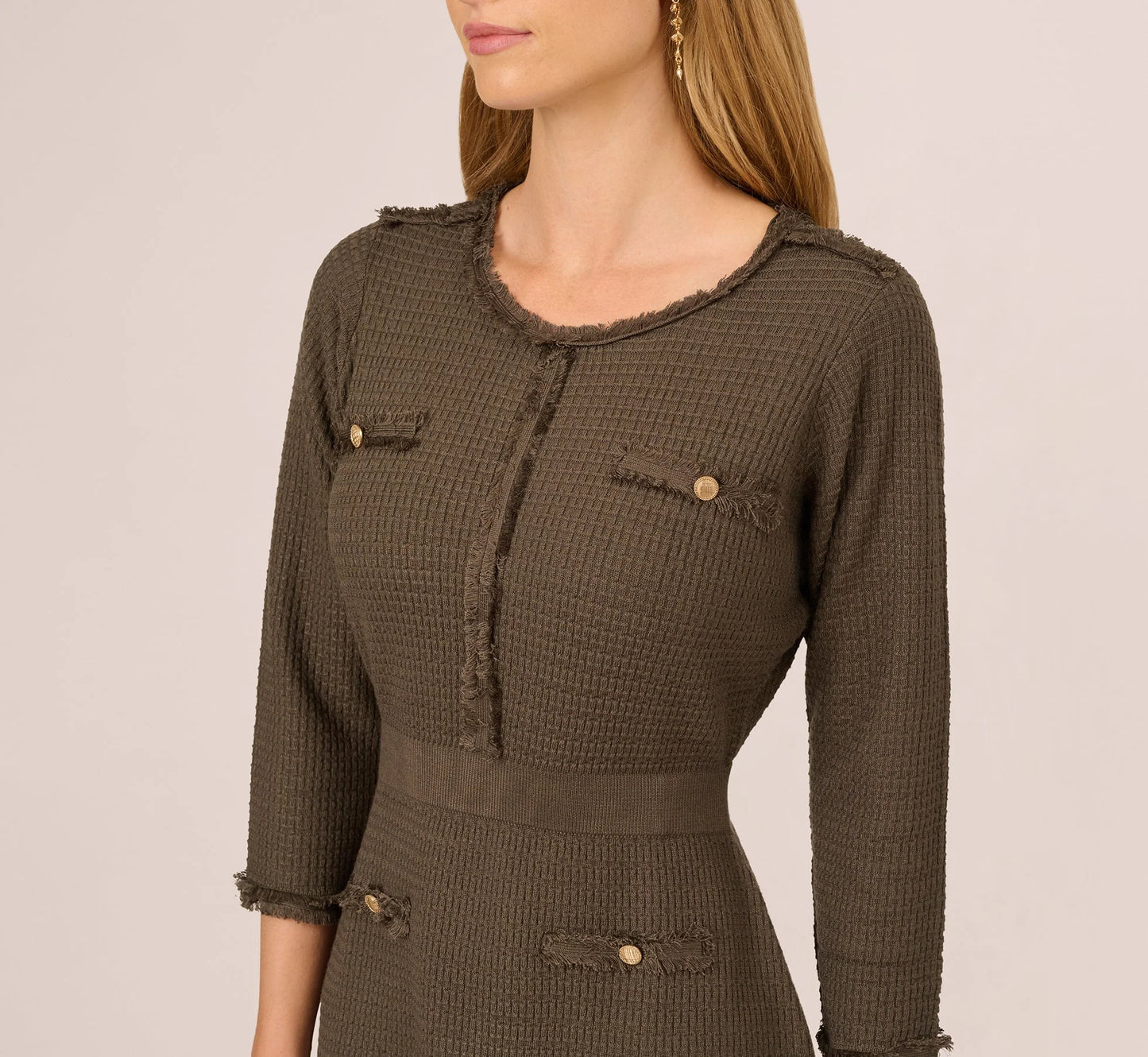 Three Quarter Sleeve Waffle Knit Short Dress In Fatigue