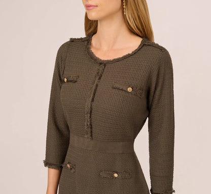 Three Quarter Sleeve Waffle Knit Short Dress In Fatigue