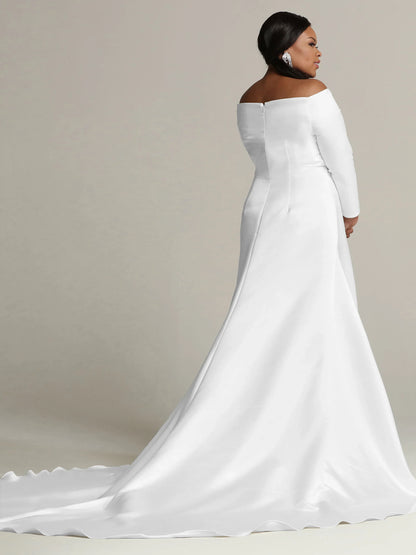 SATIN FIT AND FLARE WEDDING DRESS WITH LONG SLEEVES