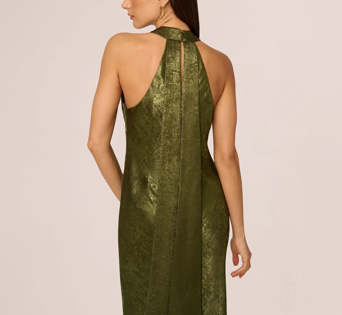 Foiled Mermaid Gown With Halter Neckline In Dark Olive