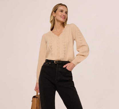 Long Sleeve Scalloped Pointelle Cardigan Sweater In Heather Fawn