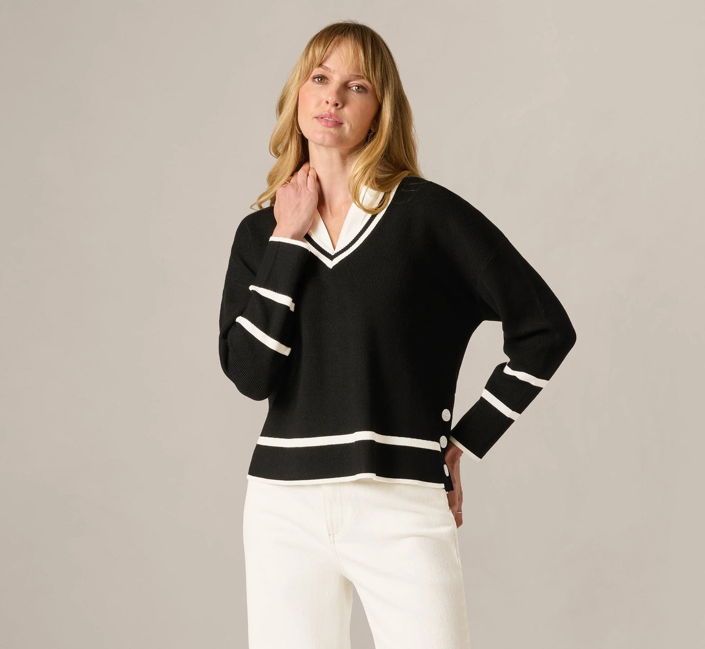 Long Sleeve Drop Shoulder Twofer Sweater In Black Ivory