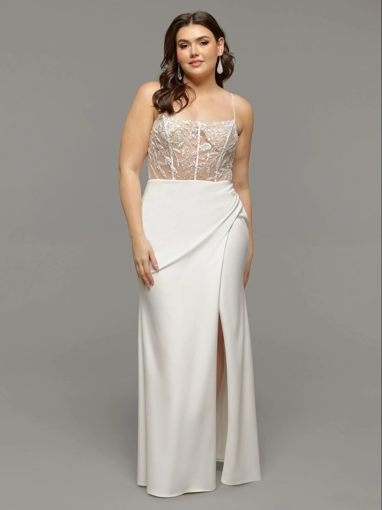 ILLUSION BODICE FIT AND FLARE WEDDING DRESS