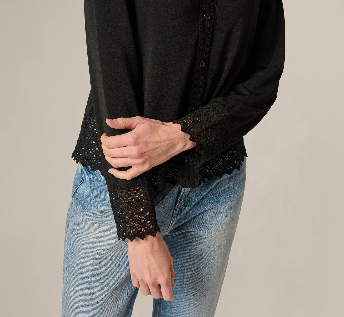 Long Sleeve Crochet Lace Collared Blouse In Black