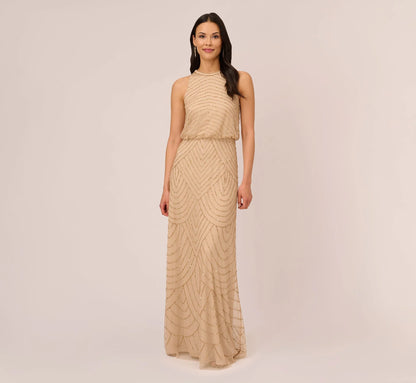 Art Deco Beaded Blouson Dress With Halter Neckline In Champagne Gold