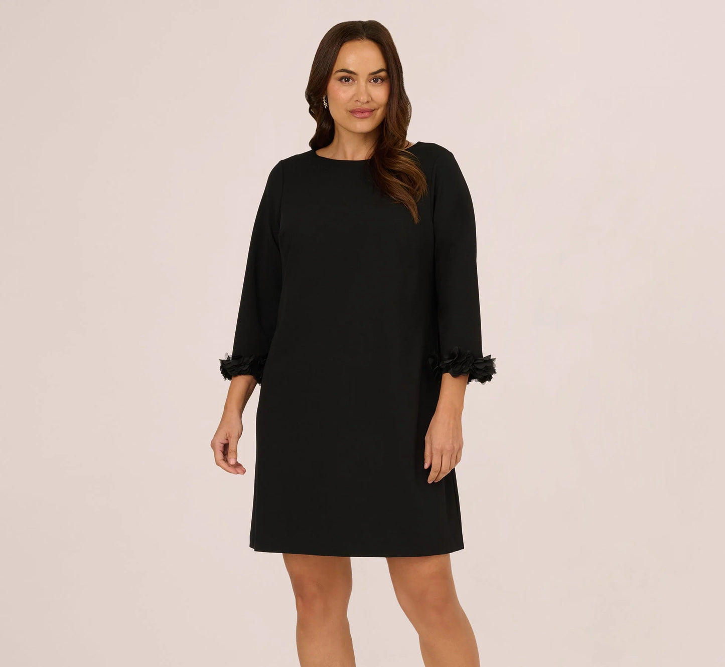 Plus Size Three Quarter Sleeve Shift Dress With Floral Embellished Cuffs In Black
