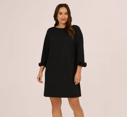 Plus Size Three Quarter Sleeve Shift Dress With Floral Embellished Cuffs In Black