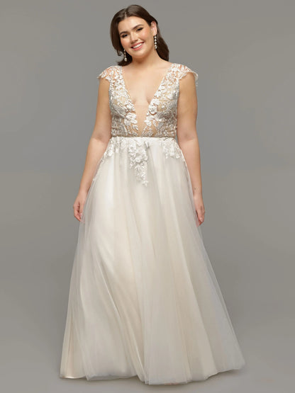 A LINE TULLE CAP SLEEVE WEDDING DRESS WITH LACE