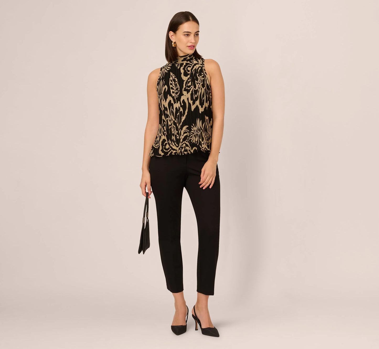Pleated Floral Halter Top In Black Ornate Floral