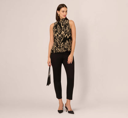 Pleated Floral Halter Top In Black Ornate Floral