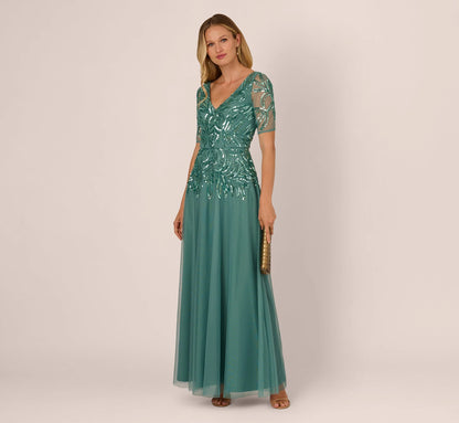 Beaded Mesh Long Dress In Green Slate