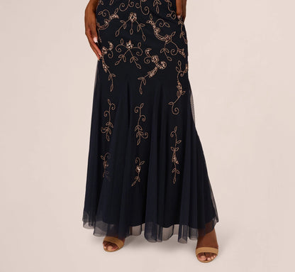 Floral Beaded Godet Gown With Sheer Neck And Short Sleeves In Navy Rosegold