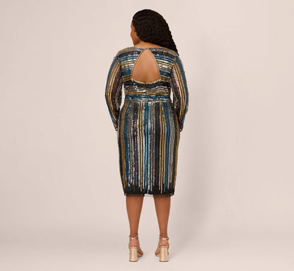 Plus Size Sequin Beaded Sheath Dress With Sheer Long Sleeves In Black Blue Multi