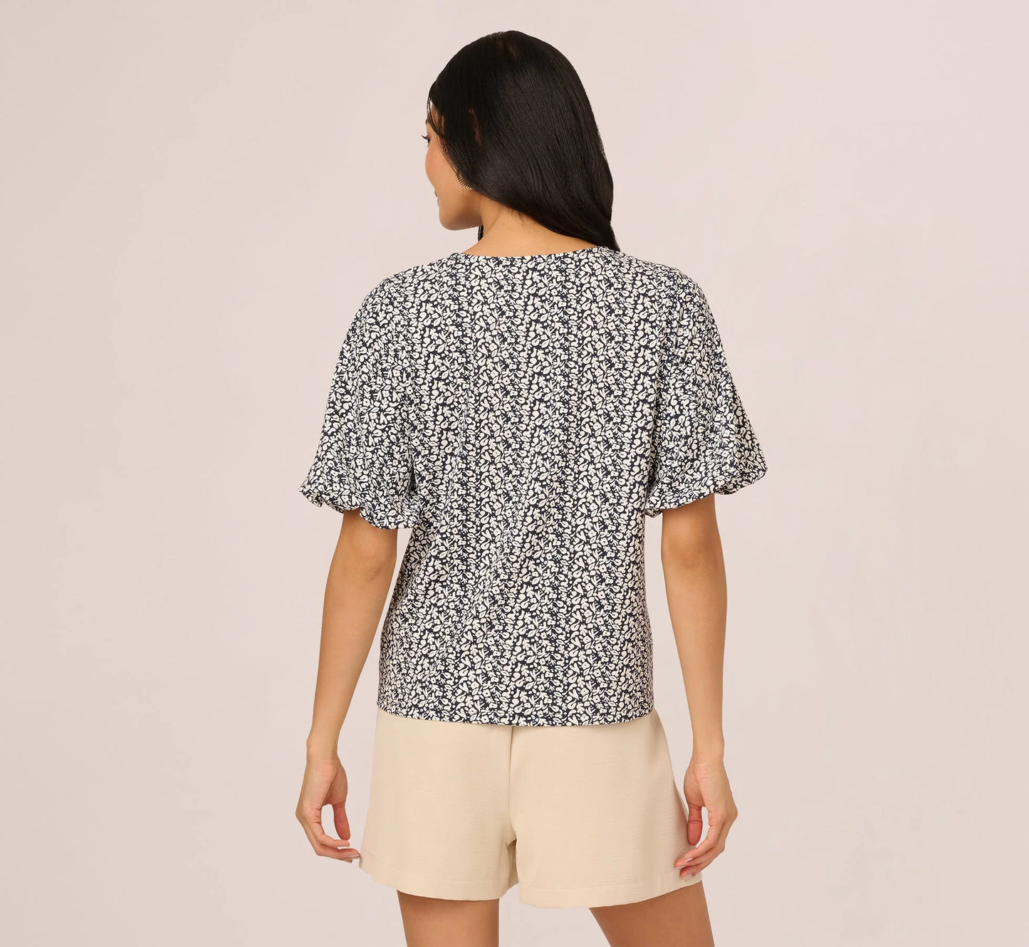 Bubble Sleeve Printed Tie Waist Top In Navy Stencil