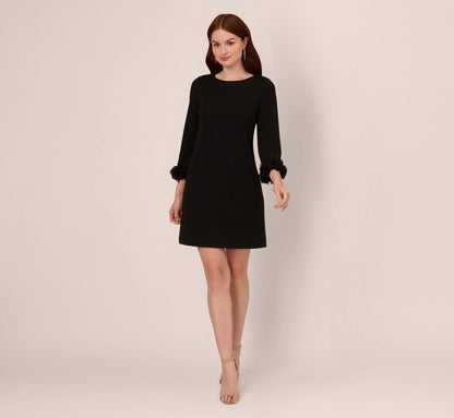 Three Quarter Sleeve Shift Dress With Floral Embellished Cuffs In Black