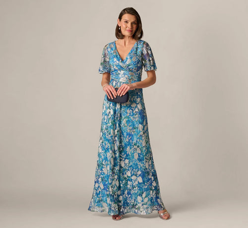 Flutter Sleeve Crinkle Foil Floral Gown In Blue Multi
