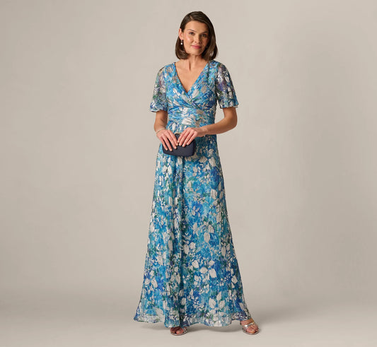Flutter Sleeve Crinkle Foil Floral Gown In Blue Multi