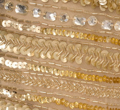 Off Shoulder Sequin Bead Column Gown In Gold