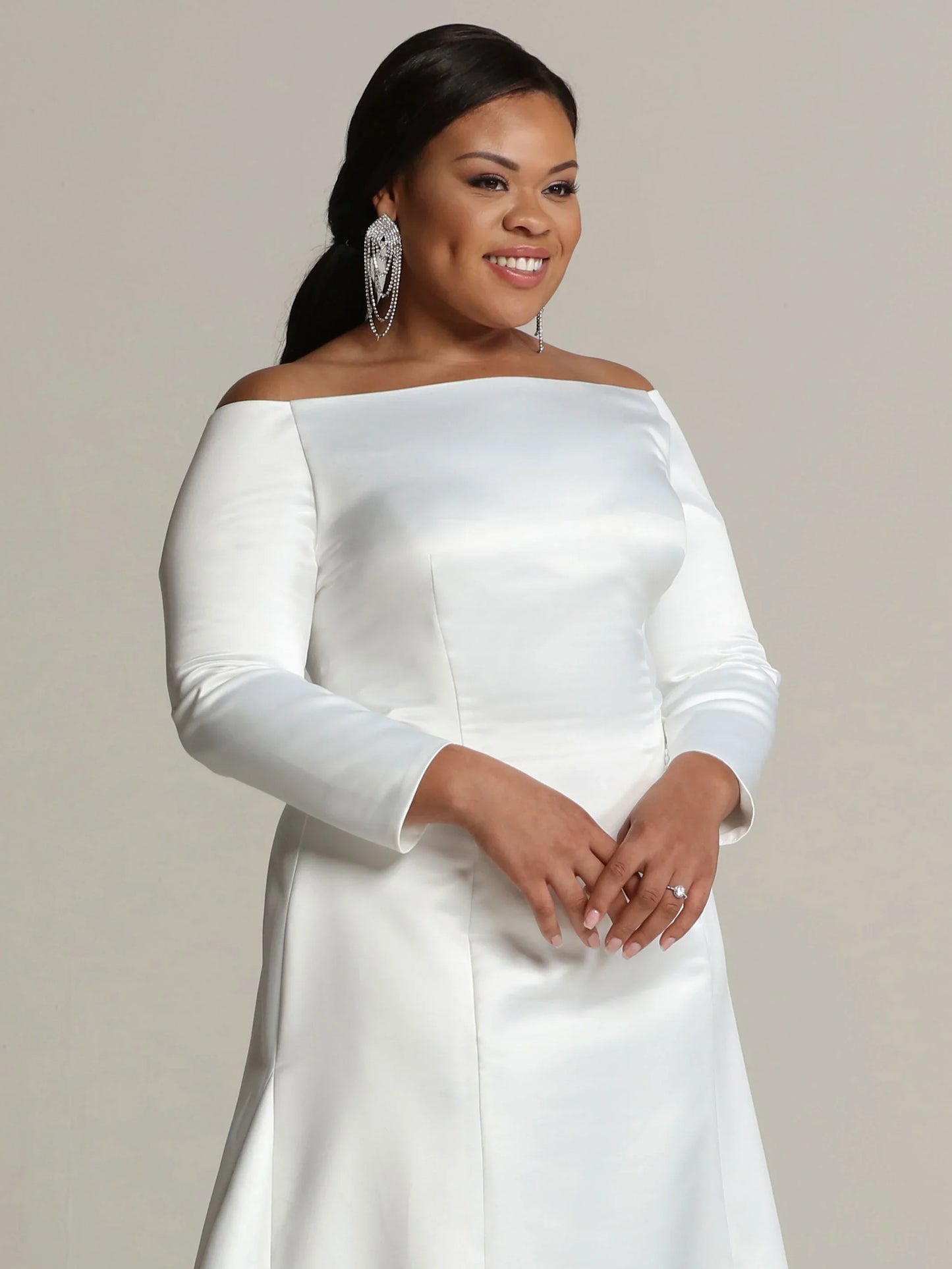 SATIN FIT AND FLARE WEDDING DRESS WITH LONG SLEEVES
