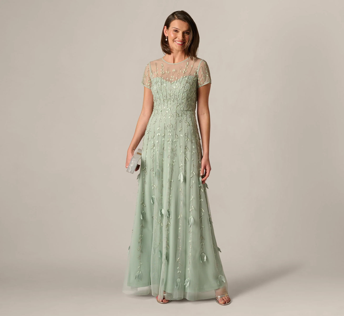 Short Sleeve 3D Beaded Vine Gown In Icy Sage