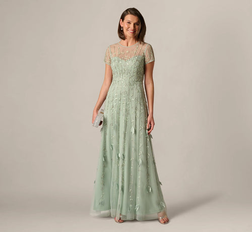 Short Sleeve 3D Beaded Vine Gown In Icy Sage
