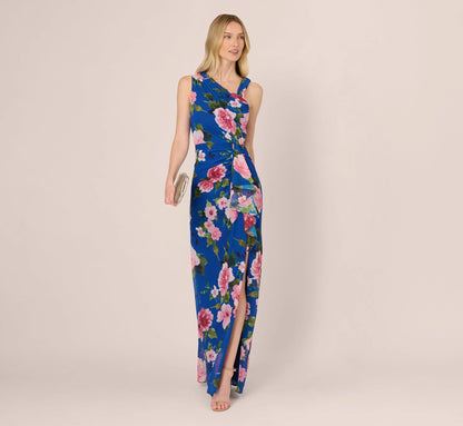 Asymmetrical Draped Floral Chiffon Gown In Dark Blue Multi