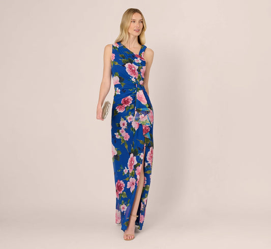 Asymmetrical Draped Floral Chiffon Gown In Dark Blue Multi