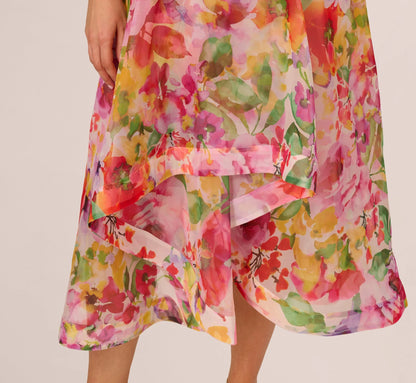 Plus Size Sleeveless Floral Organza Collared High Low Dress In Pink Multi