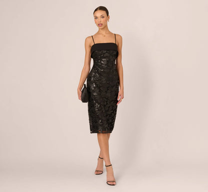 Faux Leather Cut Lace Midi Sheath Dress In Black