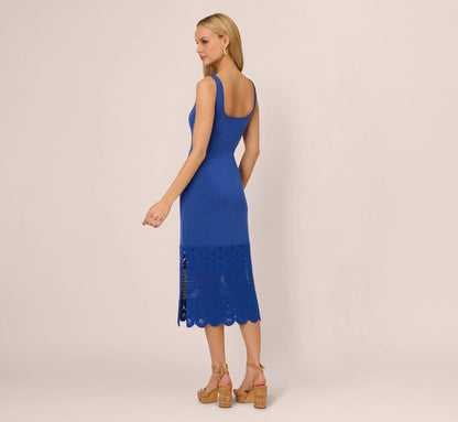 Crochet Trimmed Sheath Midi Dress With Tank Straps In Cobalt
