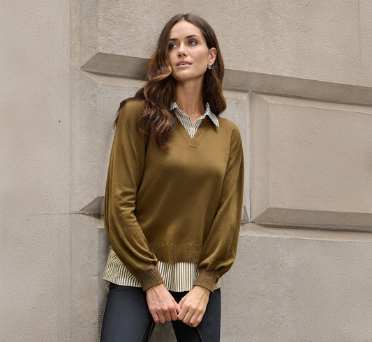 Long Sleeve Collared Printed Twover Sweater In Oak Olive W Iv Blministripe