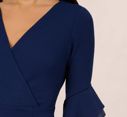 Three Quarter Bell Sleeve Sheath Midi Dress In Navy Sateen
