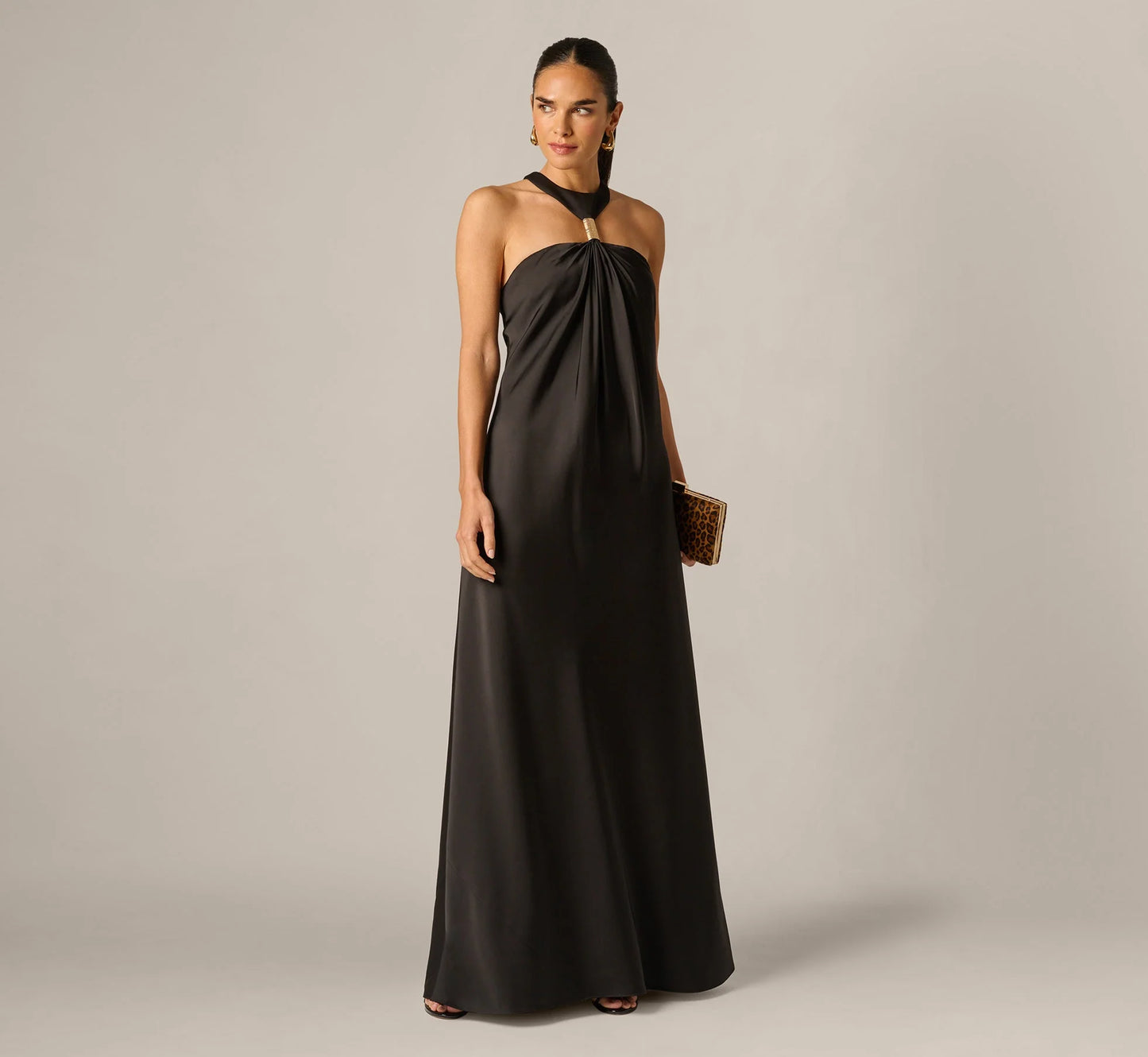 Stretch Satin Hardware Halter Collar Gown In Black