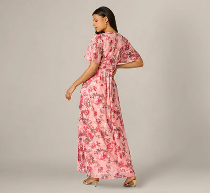 Flutter Sleeve Floral Print Embroidered Wrap Maxi Dress In Blush Multi