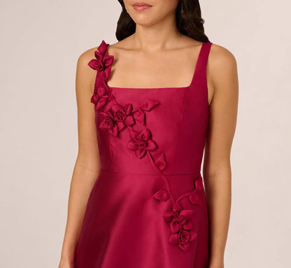 Sleeveless 3D Flower Mikado Midi Dress In Red Plum