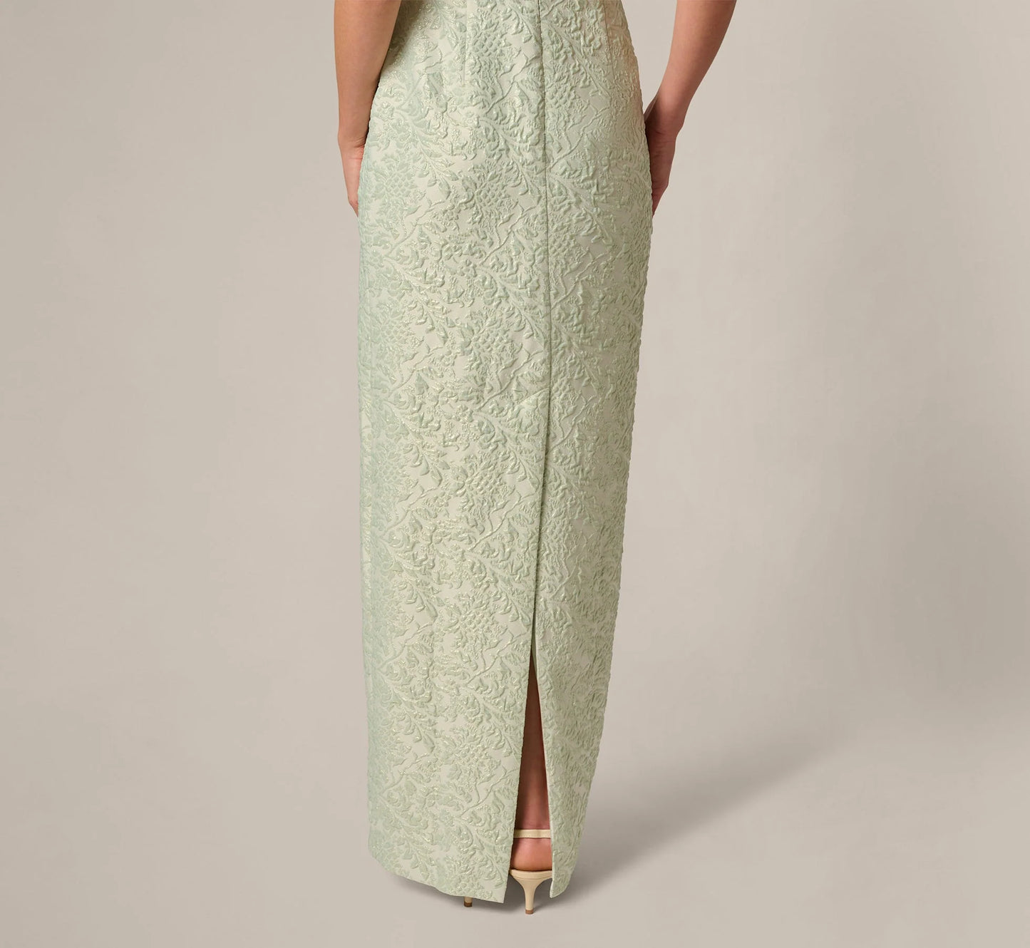 Strapless Metallic Jacquard Column Gown In Mint Glaze