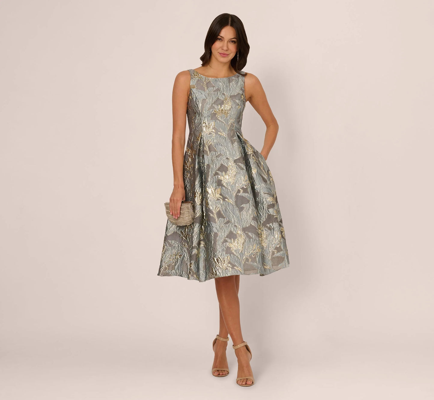 Tea Length Jacquard Dress With Sleeveless Bodic In Slate