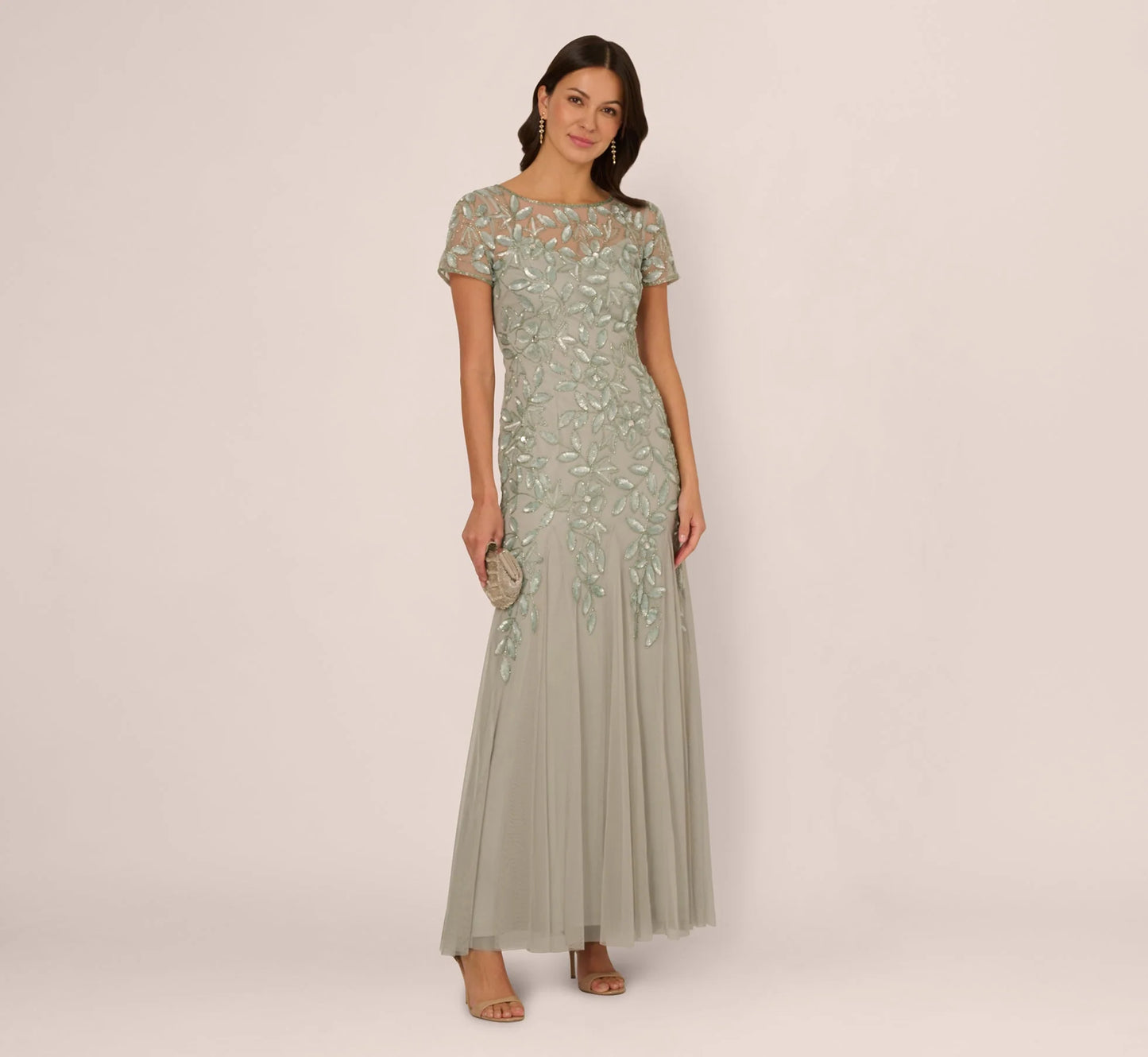 Hand Beaded Short Sleeve Floral Godet Gown In Frosted Sage
