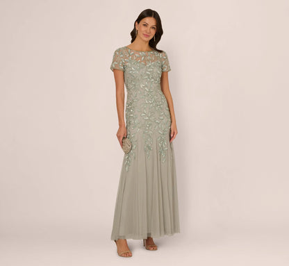 Hand Beaded Short Sleeve Floral Godet Gown In Frosted Sage